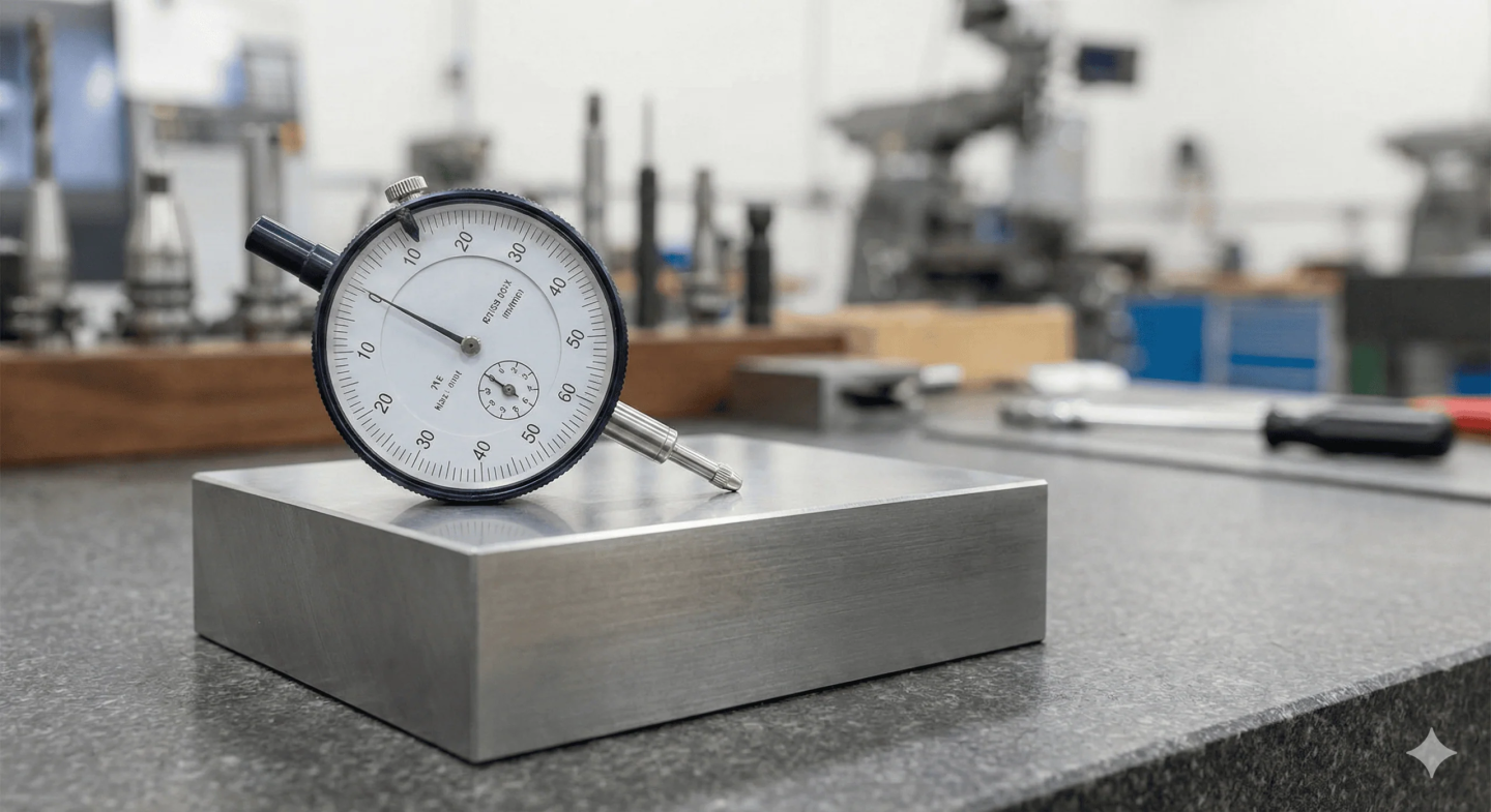 千分表测头正在精密平面金属块上测量表面直线度偏差。